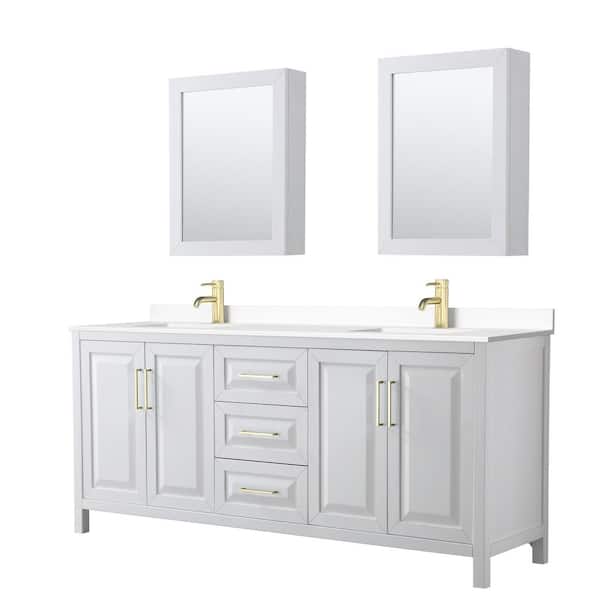 Wyndham Collection Daria 80 in. W x 22 in. D x 35.75 in. H Double Sink Bath Vanity in White with White Cult. Marble Top and MedCab Mirrors