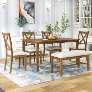 6-Piece Rectangular Natural Cherry Wooden Dining Table Set with 4 Fabric Chairs and Bench