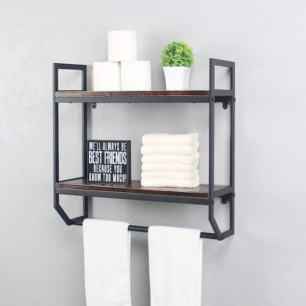 Dracelo 16.5 in. W x 5.9 in. D x 2.75 in. H Black Bathroom Wall Mounted Floating Shelves with Towel Bar