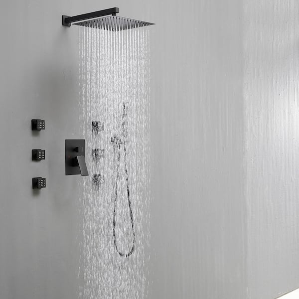 3-Spray Wall Mount 2.5 GPM 10 in. Shower Head Fixed and Handheld Shower Head with 6-Jets in Matte Black (Valve Included)