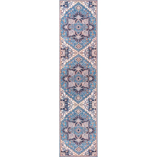Cirali Ornate Blue/Beige 2 ft. x 10 ft. Large Medallion Washable Runner Rug