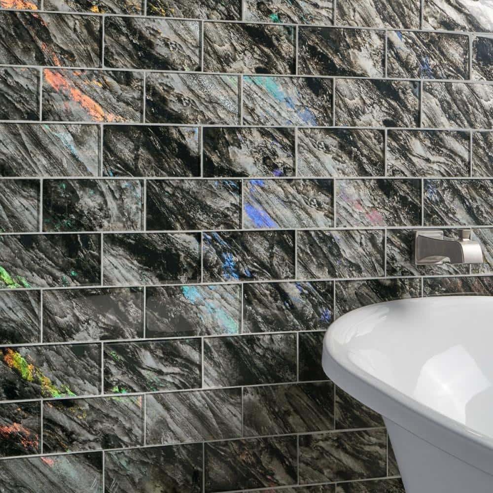 Astral Polished Black Glass Rectangular Wall Tile