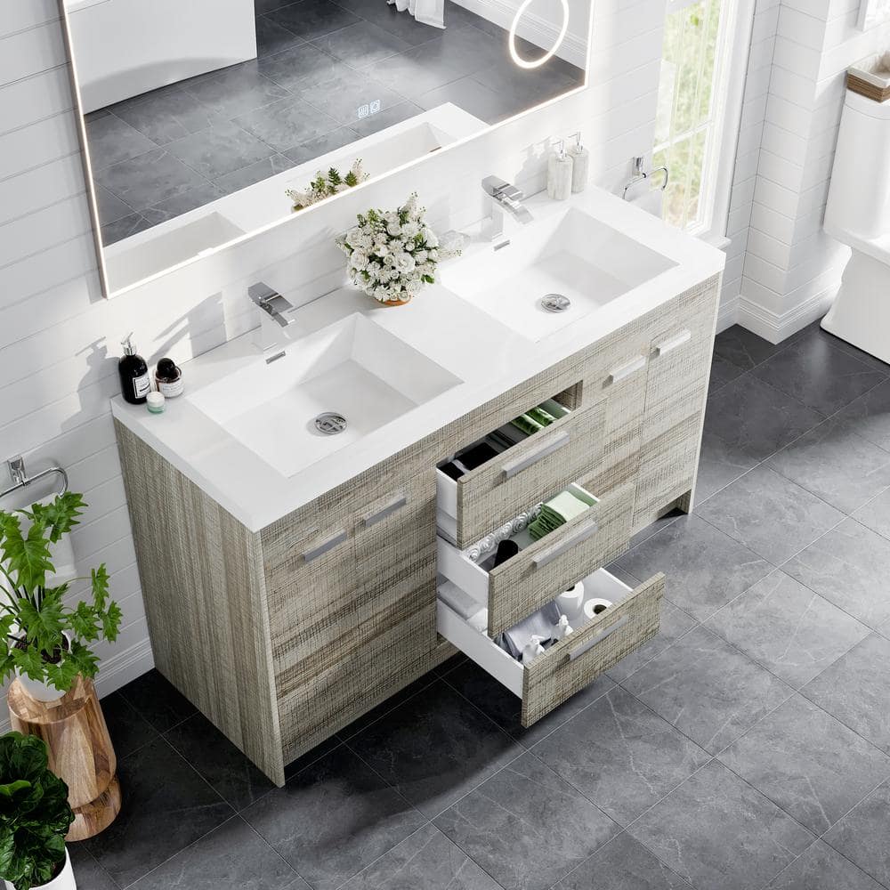Ash Modern Freestanding Double Bathroom Vanity with White Acrylic Sink