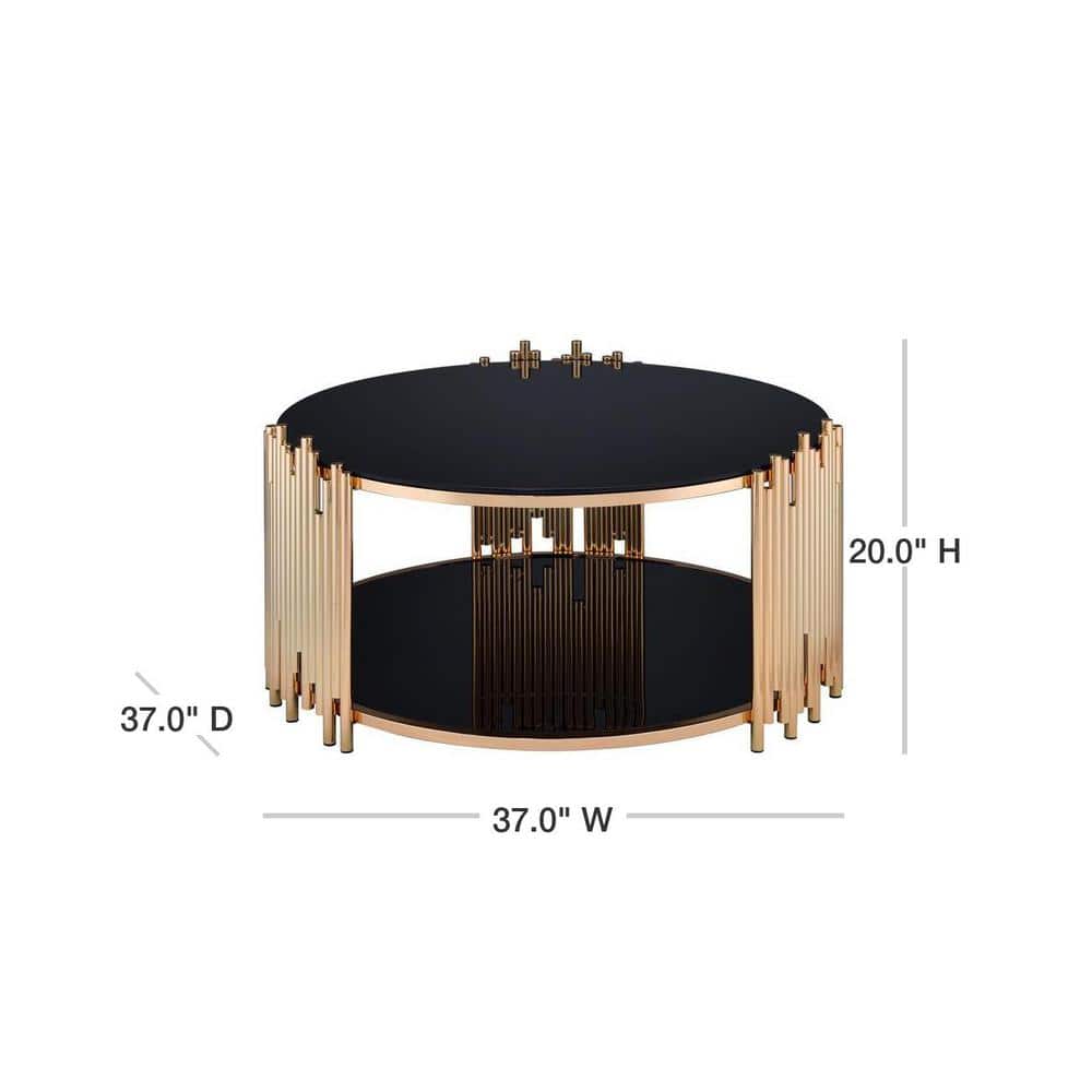 Tanquin Black Glass and Gold Round Coffee Table with Shelf