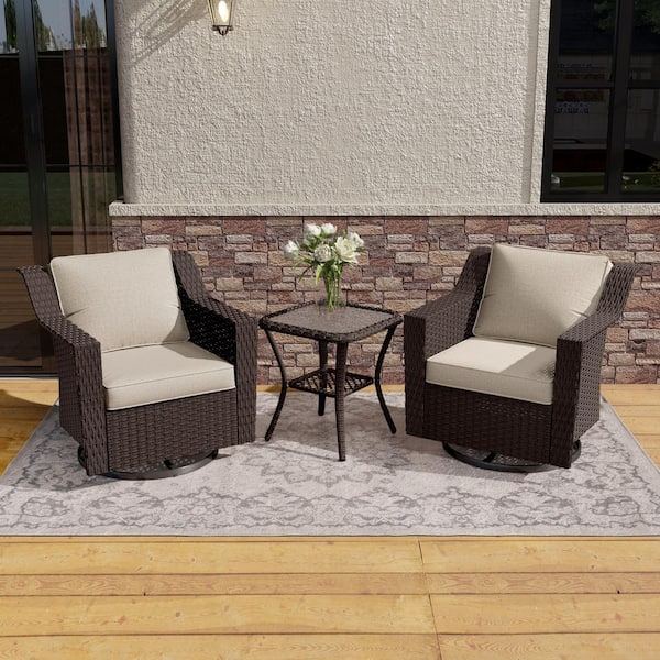 3-Piece Stylish Wicker Patio Swivel Chair Outdoor Rocking Chair Set with Thick Beige Cushions and Table