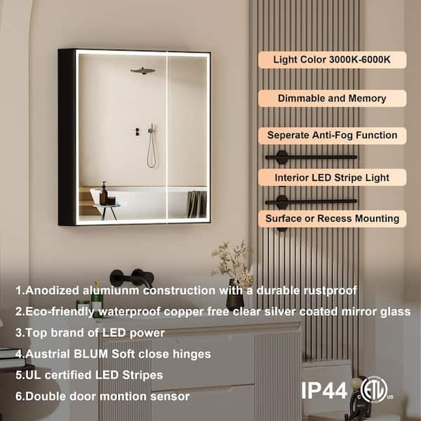 Forclover 50-in x 30-in Lighted LED Fog Free Surface Mount Black Mirrored Soft Close Medicine Cabinet