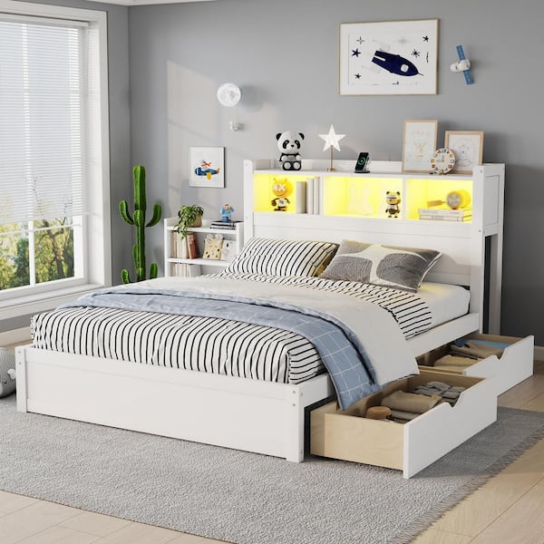 Winnie White Wood Frame Full Size Platform Bed with Storage Headboard, Drawers, Pull Out Cabinet, LED Lighting