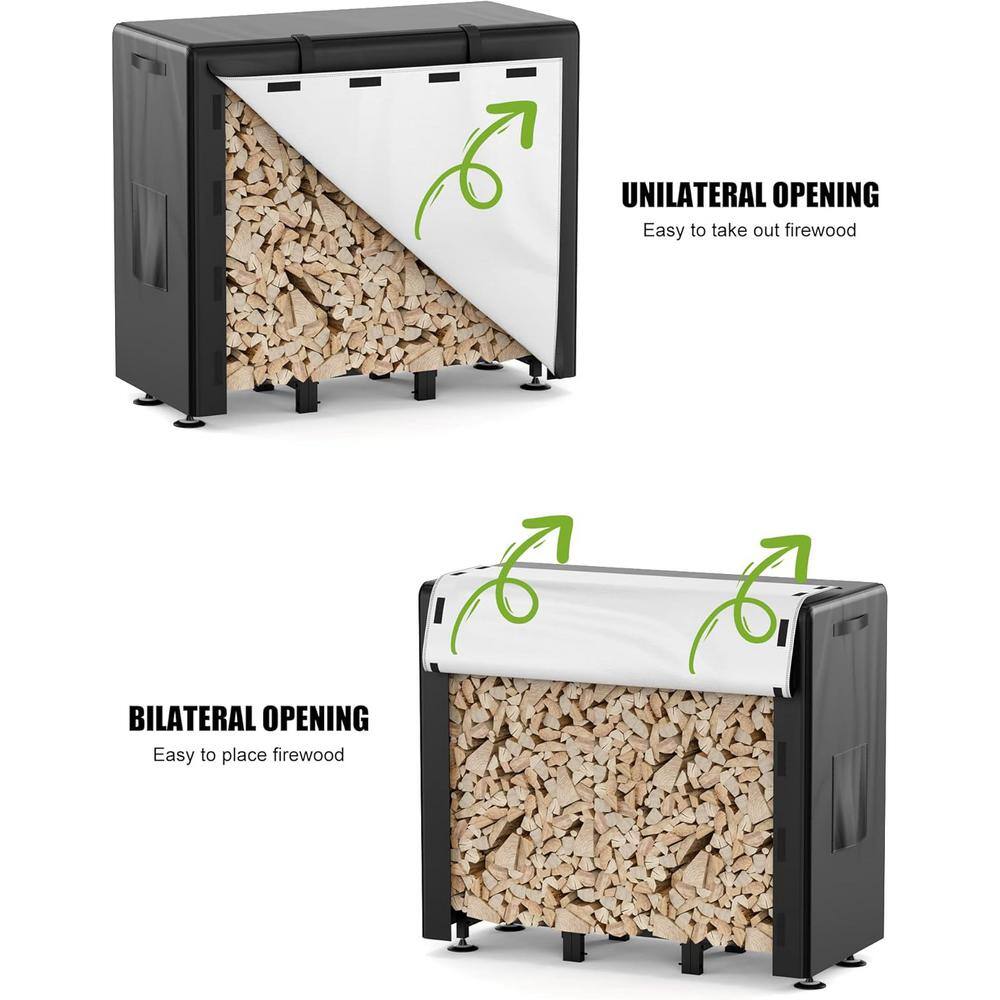 4 ft Black Steel Firewood Rack with Waterproof Cover