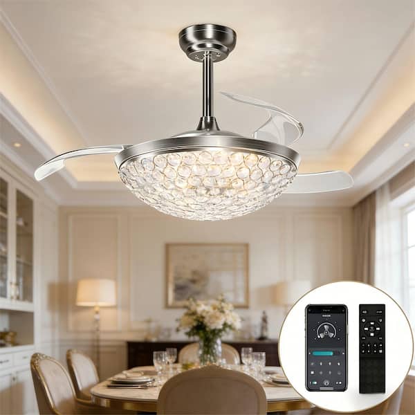 42 in. Silver Retractable DC Downrod Mount Modern Fandelier Ceiling Fan w/ Integrated LED, Quite,Remote and App Included