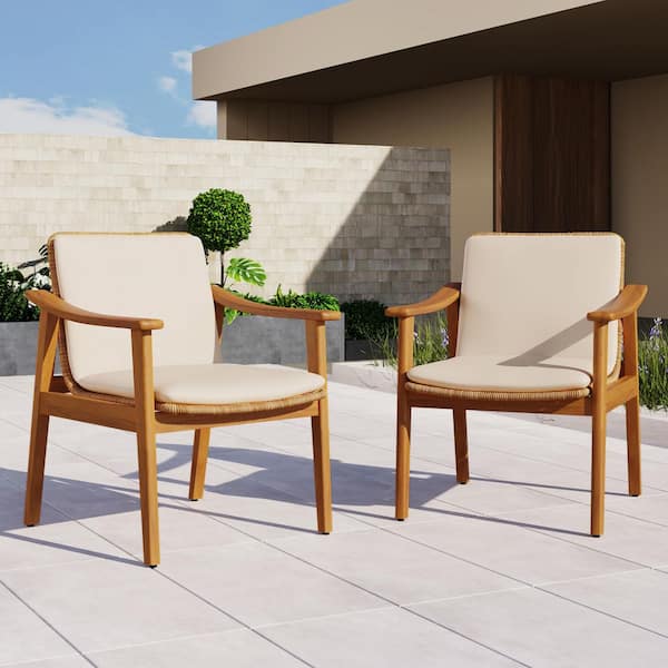 Teak Wood Outdoor Dining Chair with Beige Cushions for Patios, Gardens (2-Pack)