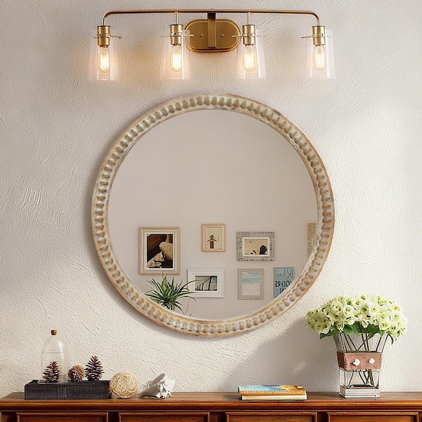 Round 31.5 in W x 31.5 in H Distressed Wood Beaded Frame Wall Mirror, Farmhouse Vintage Accent Mirror