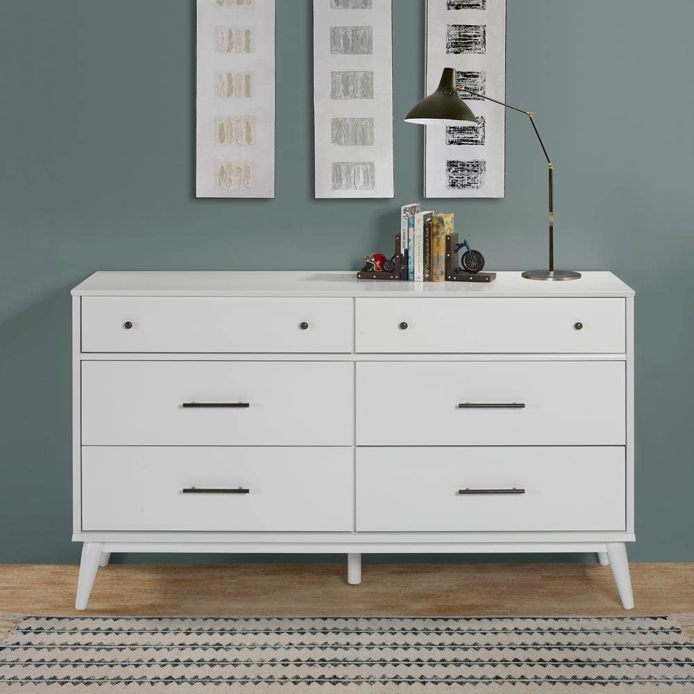 White Solid Wood Mid-Century Modern 6-Drawer Dresser