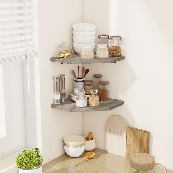 16.5 in. W x 10.5 in. D Gray Wood Corner Shelves Set of 4, Decorative Wall Shelf for Kitchen Living Room, Bathroom