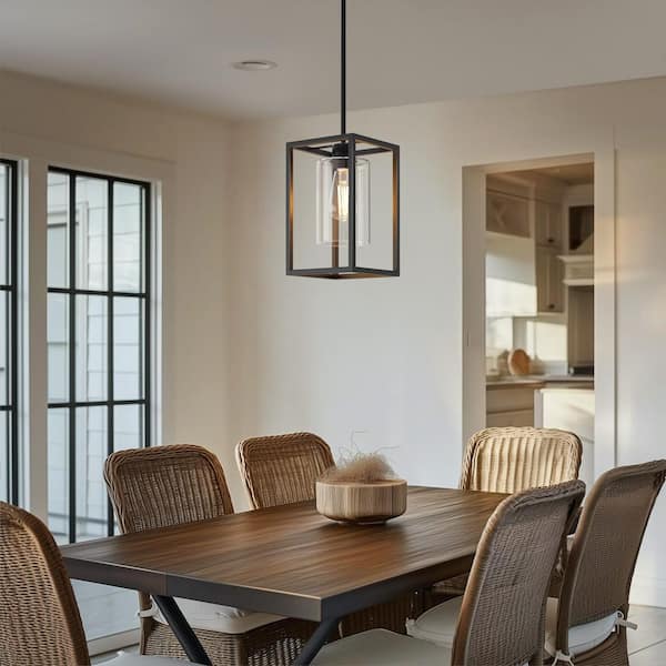 Vintage 1-Light Classic American Black Pendant Light with Metal Frame and Glass Shade E26 for Dining Room and Kitchen