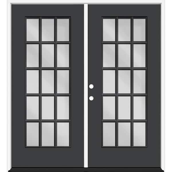 Reliant 72 in. x 80 in. Full Lite 15L-SDL Clear Glass RHIS Black Finish Fiberglass Double Prehung Front Door 4 in. Jamb