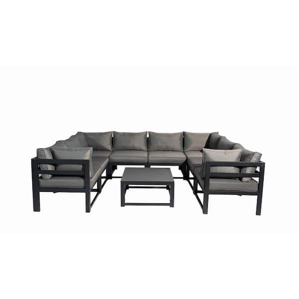 PATIOPTION Outdoor Furniture Set, 9 Pieces Aluminum Sectional Sofa Set with Gray Cushion and Coffee Table - 4 Cornerplus 4 Middle