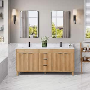 Palos 72 in. W x 22 in. D x 33.9 in. H Double Sink Bath Vanity in Fir Wood Brown with White GRain Stone Top