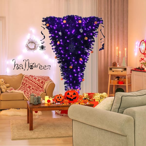 Costway 6 ft. Upside Down Artificial Christmas Tree Halloween Tree Black  with 270 Purple LED Lights CM23456US - The Home Depot