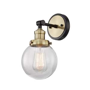 Bordeaux 6 in. 1-Light Black with Antique Brass Vanity Light with Glass Shade