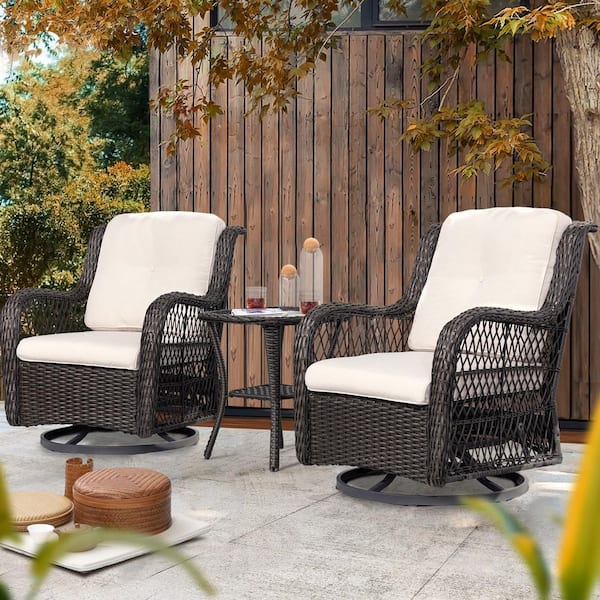 3-Piece Wicker Outdoor Rocking Chairs Swivel Chairs Patio Conversation Set Chat Set with Beige Cushions and 1 Table