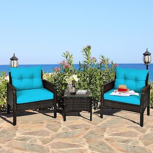 Rattan 3-Piece Wicker Patio Outdoor Furniture Set Coffee Table with Turquoise Cushion