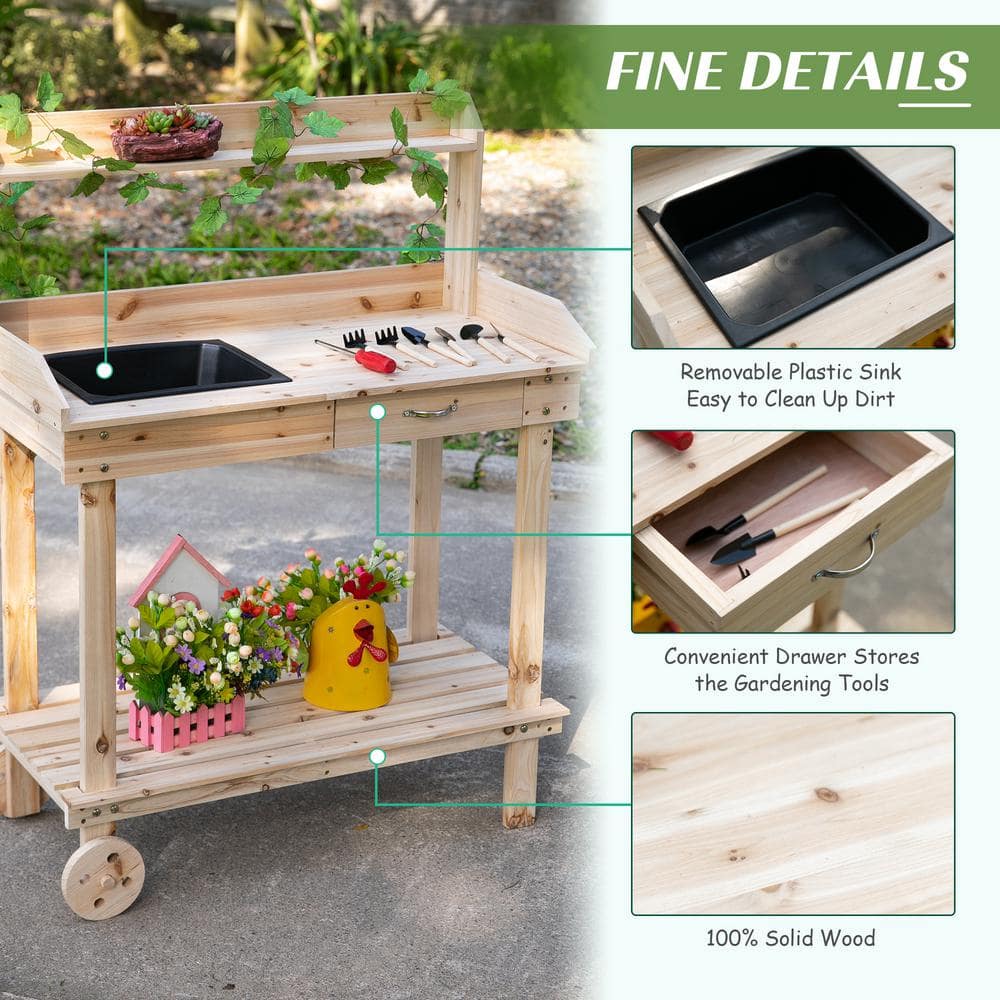 Natural Wood Potting Bench with Sink, Drawer, and Wheels