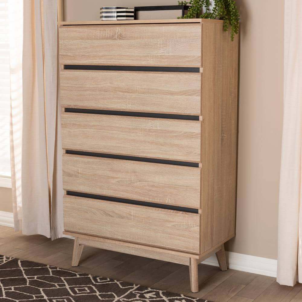 Miren Mid-Century Light Oak and Dark Gray Engineered Wood 5-Drawer Chest