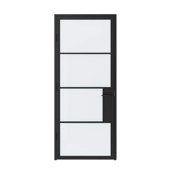 Nivencai 36 in. x 84 in. Left-Handed Frosted Glass Black Steel Single Prehung Interior Door with Privacy Lock