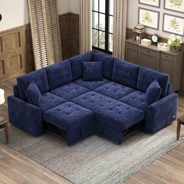 82.6 in. Square Arm Velvet Sectional Sofa with Wheels, USB Ports, Power Sockets in. Navy Blue