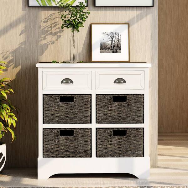 Urtr Rustic White Wooden Storage Cabinet Console Table With 2 Drawers And 4 Rattan Basket For Dining Room Entryway T 00873 K Urtr Rustic White Wooden Storage, Wicker Console Table With Drawers