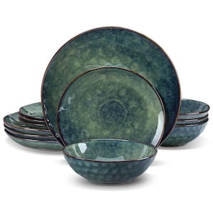 Starry 12-Piece Green Stoneware Dinnerware Set with 10.25"Dinnee Plate, 8"Derssert Plate and 19 oz. Bowl (Service for 4)