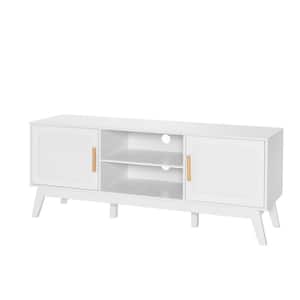 59 in. W TV Stand Entertainment Media Console for TV up to 65 in. with 2-Rattan Cabinets and Open Shelves White