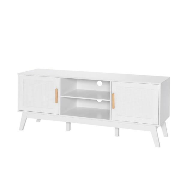 Gymax 59 in. W TV Stand Entertainment Media Console for TV up to 65 in. with 2-Rattan Cabinets and Open Shelves White
