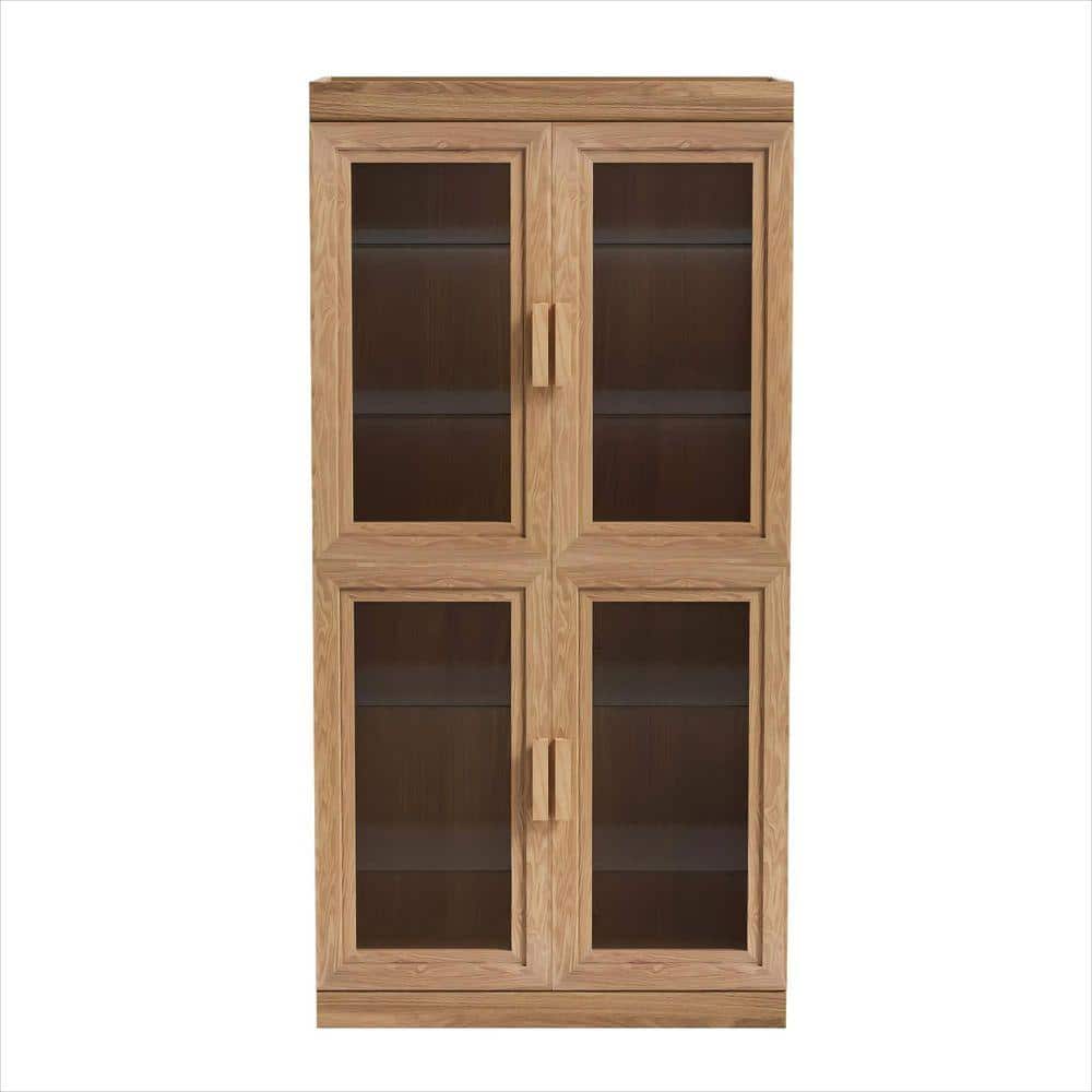 Front view of the Lirago 62 inch tall natural wood bookcase with glass doors.