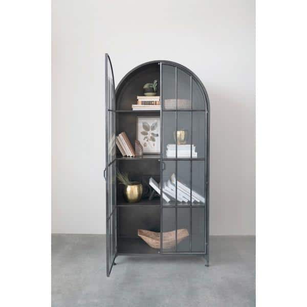 Arched Black Iron and Glass Office Storage Cabinet