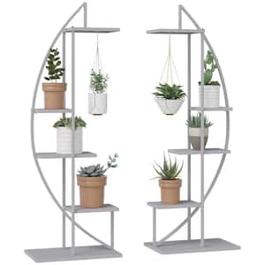 5-Tier Metal Plant Stand with Hangers, Half Moon Shape Flower Pot Display Shelf for Patio Garden Decor, Gray