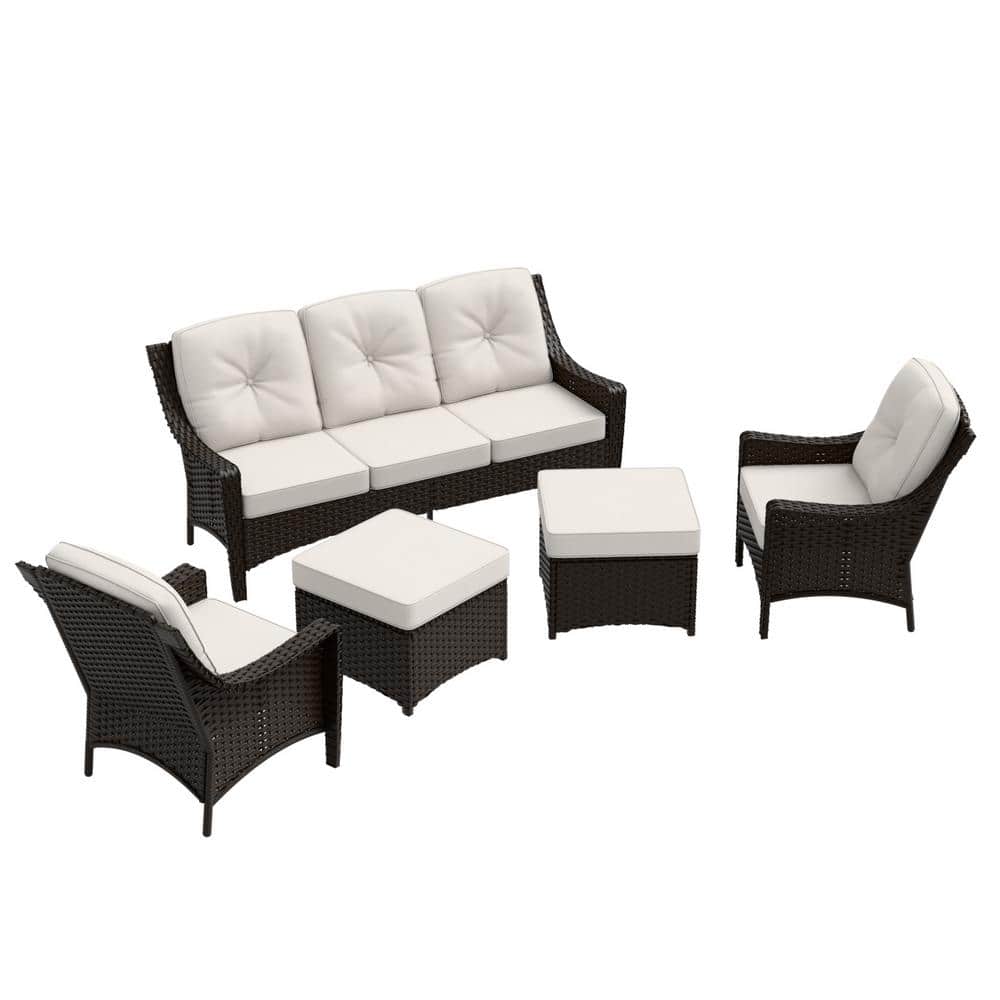 Brown Wicker 5-Piece Outdoor Patio Set with White Cushions