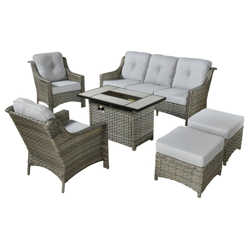 weaxty W Tulip C Gray 6-Piece Wicker Patio Rectangular Fire Pit ...