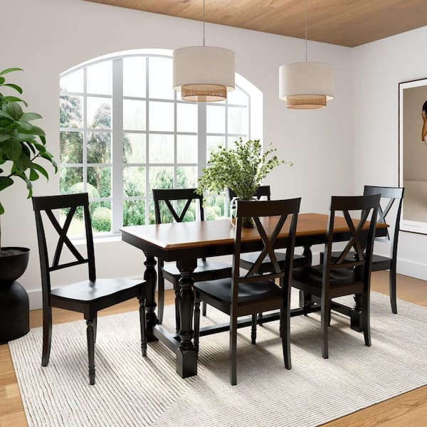 Bush Furniture Sterling Squire Trestle Dining Table with 6 Cross Back Dining Chairs in Burnished Medium Brown/Black Paint