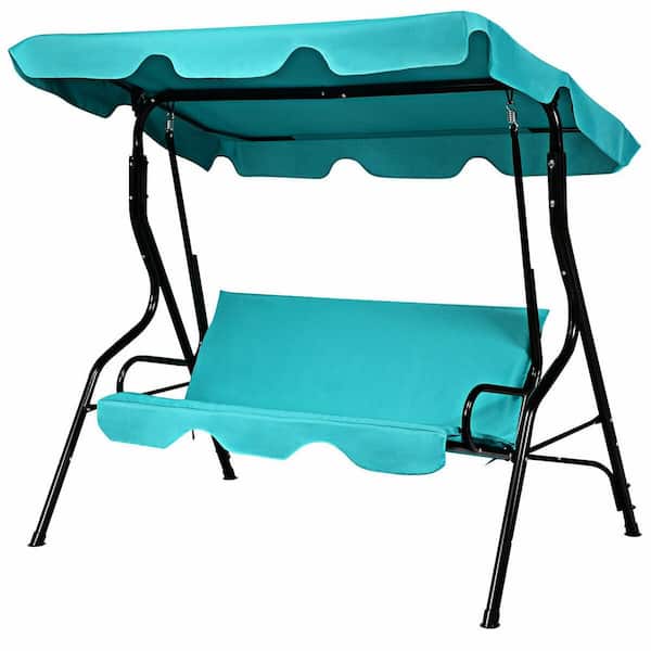 WELLFOR 3-Person Steel Outdoor Patio Swing with Canopy and Cushion in Turquoise