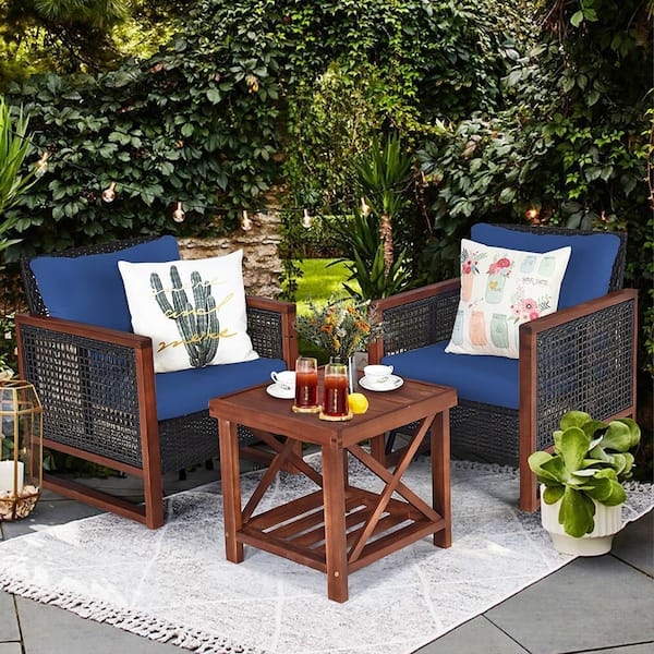 3-Pieces Wood Patio Conversation Set with Navy Cushions
