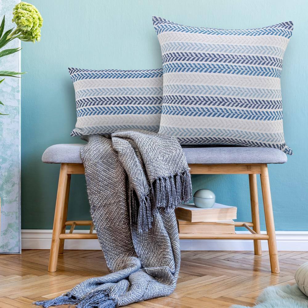 Hand-Woven Blue and Cream Chevron Cotton Throw Pillow