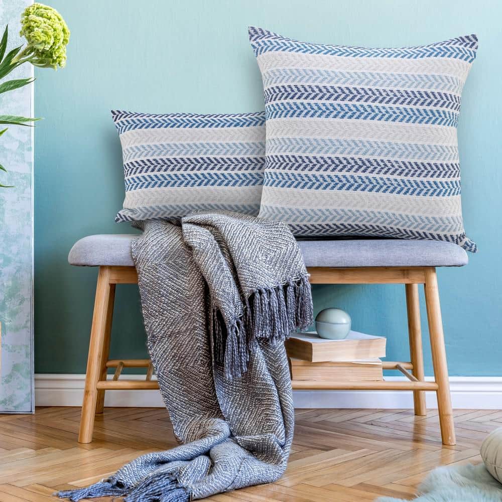 Hand-Woven Blue and Cream Chevron Cotton Throw Pillow