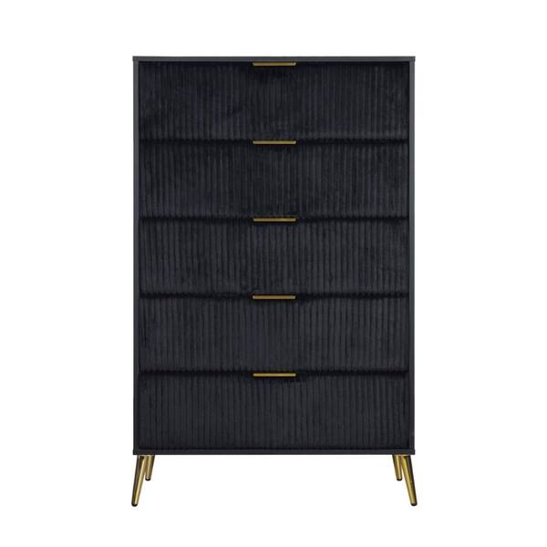 Benjara Moko 51 Inch Tall Dresser, 5 Soft Upholstered Drawers, Black, Gold Benjara Moko 51 Inch Tall Dresser, 5 Soft Upholstered Drawers, Black, Gold