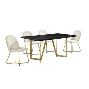 Aurelio 5-Piece Rectangle Black Wooden Top Dining Set with Cream Velvet Fabric Chairs