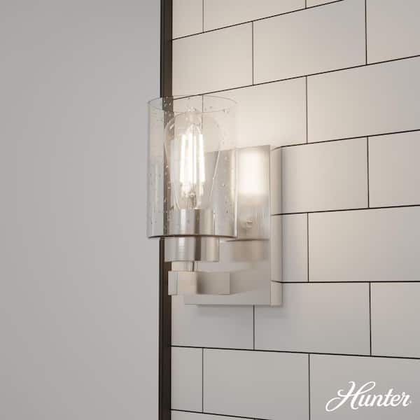 Hunter Hartland 1-Light Brushed Nickel Wall Sconce with Clear Seeded Glass Shade