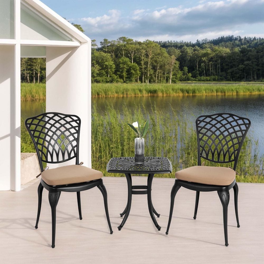 Black 3-Piece Aluminum Square Outdoor Dining Set, 2 Chairs and 1 Round Table with Beige Cushion for Garden, Balcony price history on PriceWatchPro