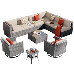 Muses Gray 10-Piece Wicker Outdoor Patio Conversation Seating Set with Beige Cushions