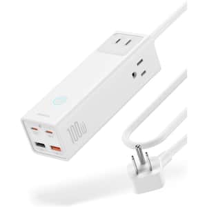 3-Outlet Power Strip Surge with 7 USB Ports (3 AC, 2 USB-C & 2 USB-A) 5ft Extension Cord - 100W, 120V in White