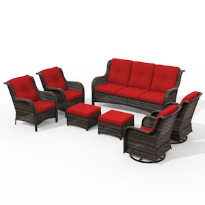 Brown 7-Piece Wicker Outdoor Patio Conversation Set Sectional Sofa with Red Cushions